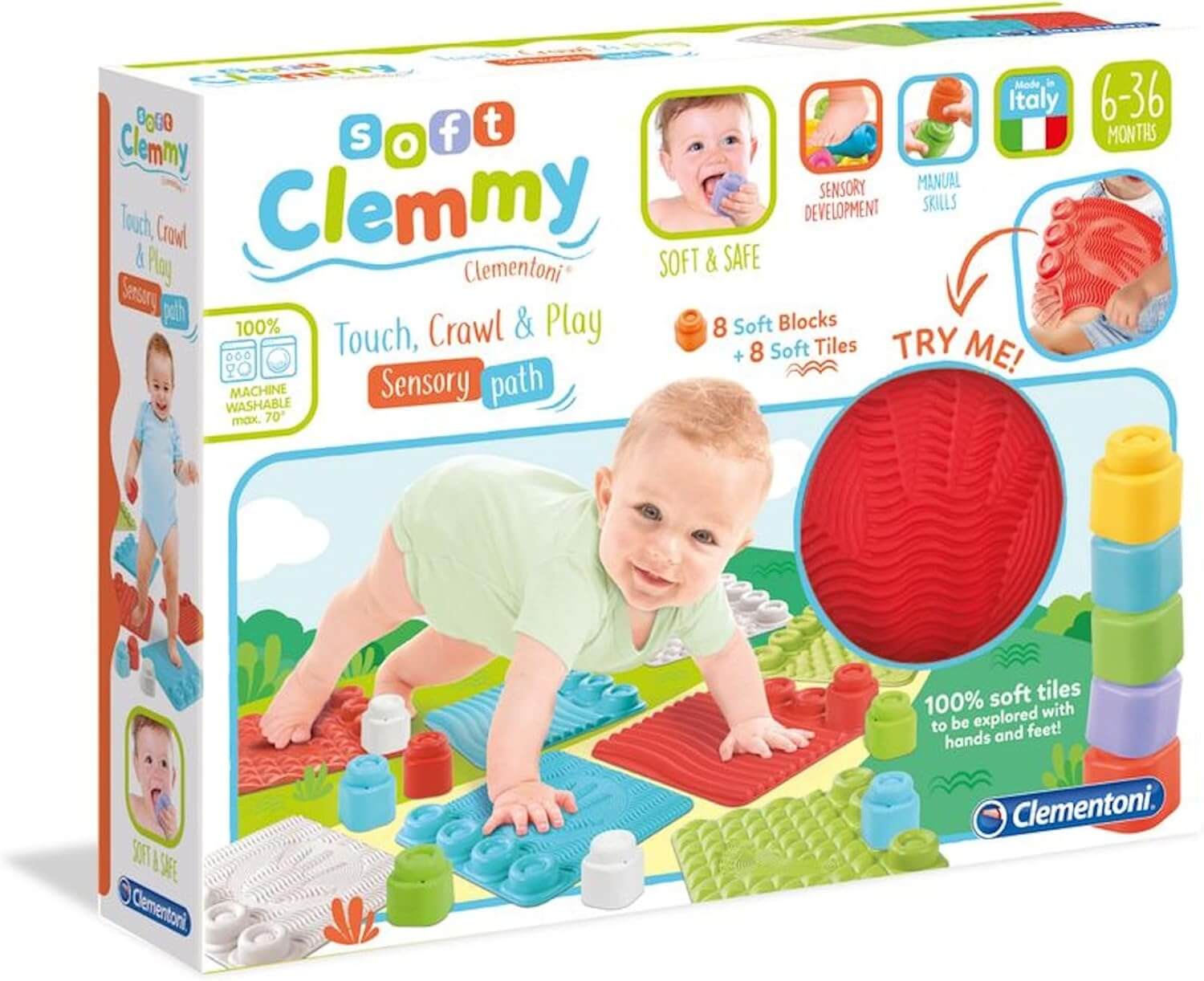 Clemmy sensory play mat for children, featuring soft blocks and tiles for tactile exploration and motor skill development.