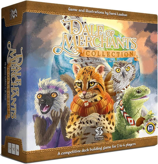 Dale of Merchants Collection board game featuring illustrations of animal merchants, competitive deckbuilding for 2-4 players.