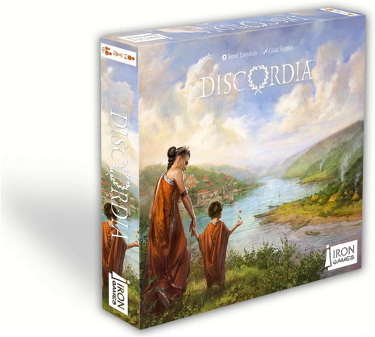 Discordia board game box art featuring Roman scenery and characters, immersive historical strategy experience.
