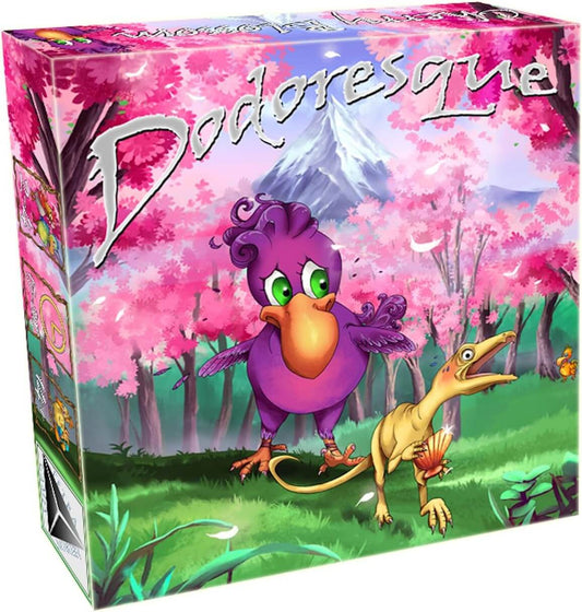 DODORESQUE game box featuring colorful illustrations of a purple Dodo and a small creature in a vibrant landscape.