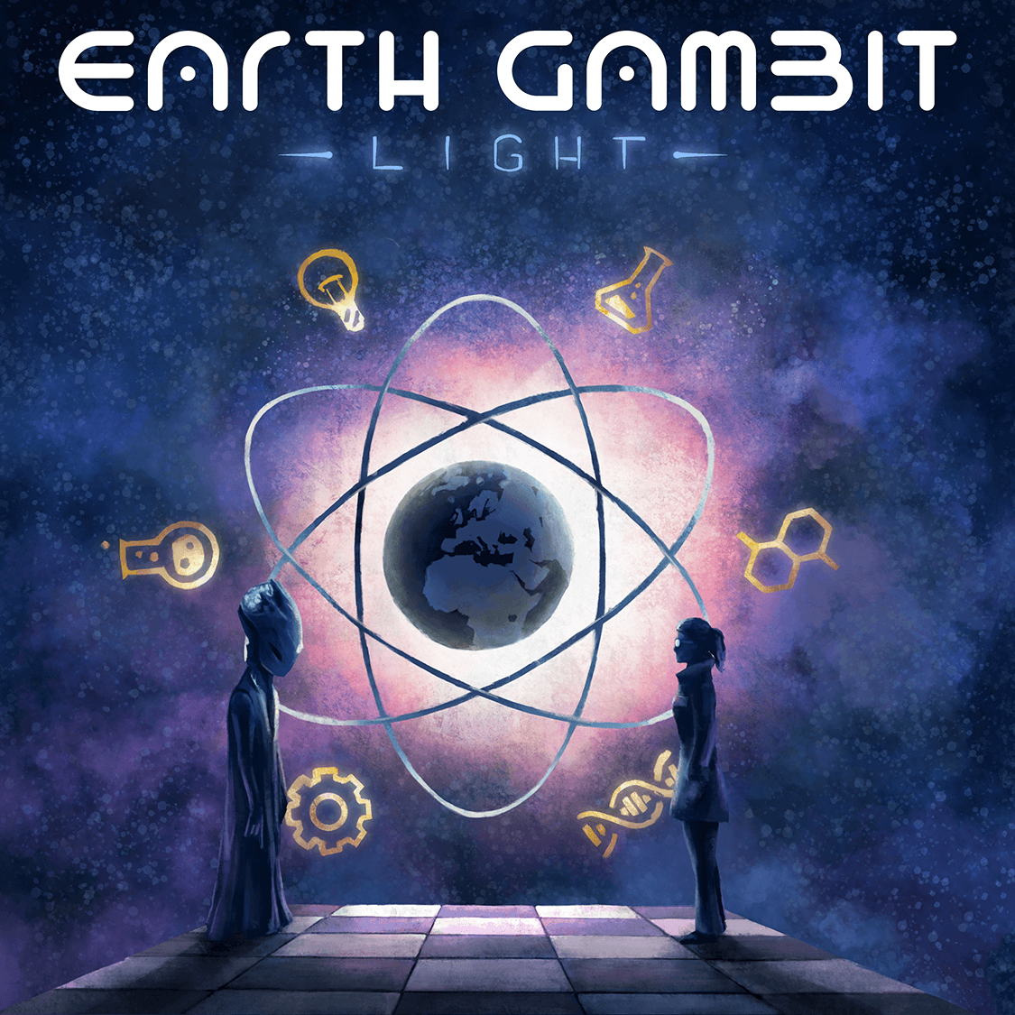 Cover art for Earth Gambit Light featuring alien and scientist characters around a globe with scientific symbols.