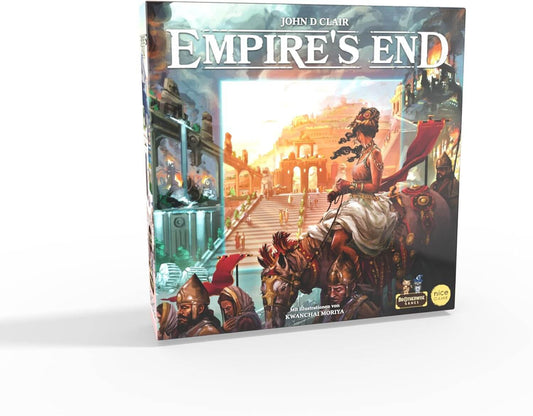 Cover art of Empire's End board game showcasing civilization's downfall and strategic challenges.