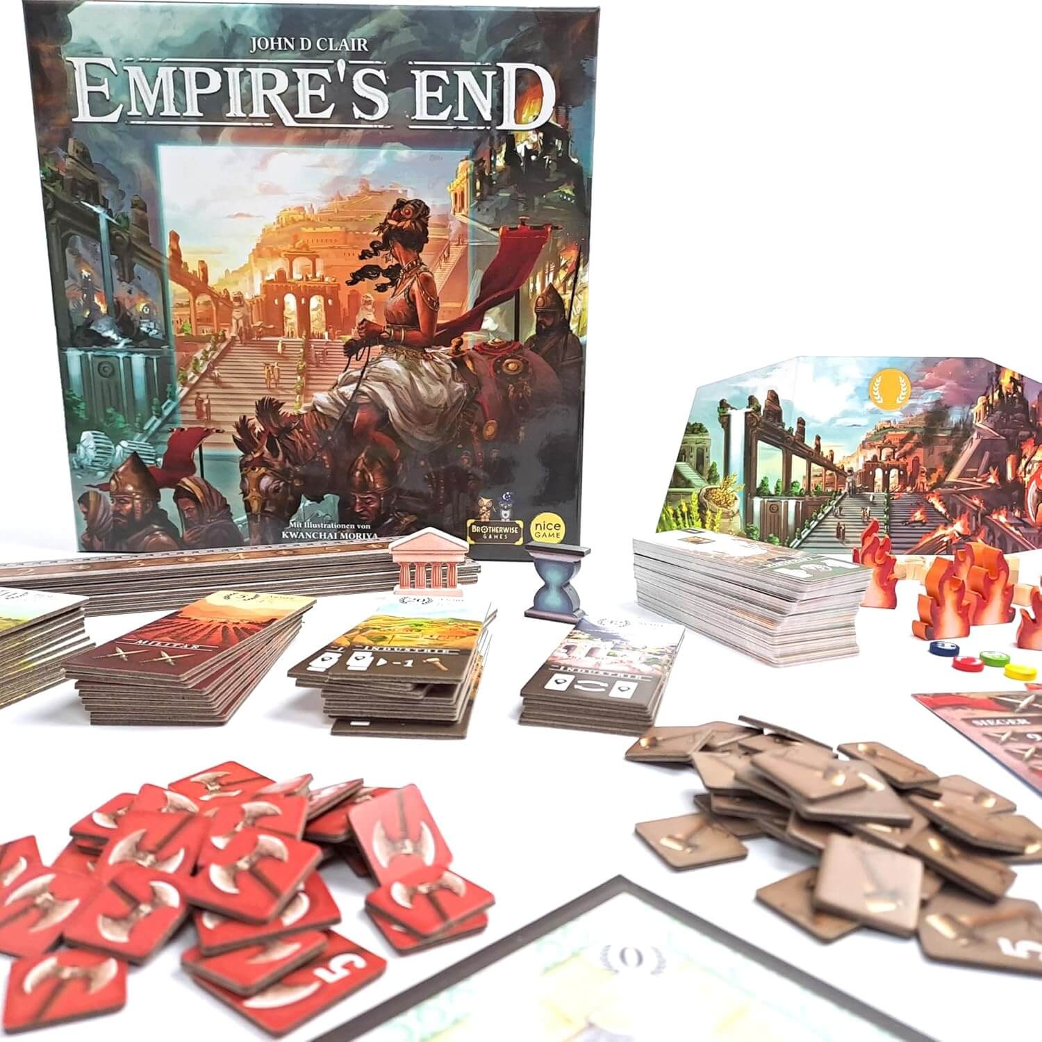 Empire's End board game with box, cards, tokens, and game pieces, showcasing strategies for civilization decline.