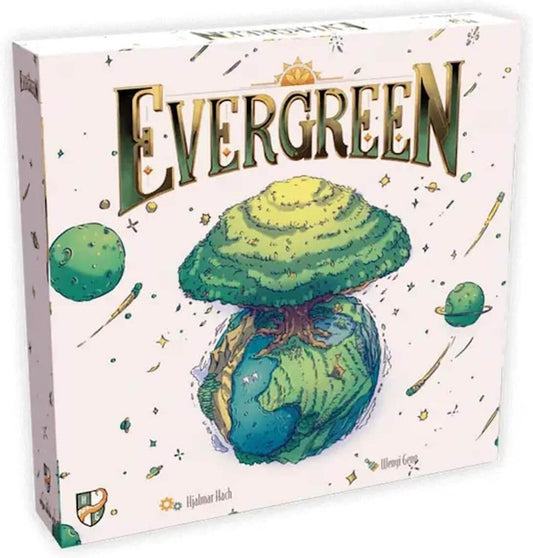 Evergreen board game box showcasing a lush, eco-friendly planet design for strategic gameplay.