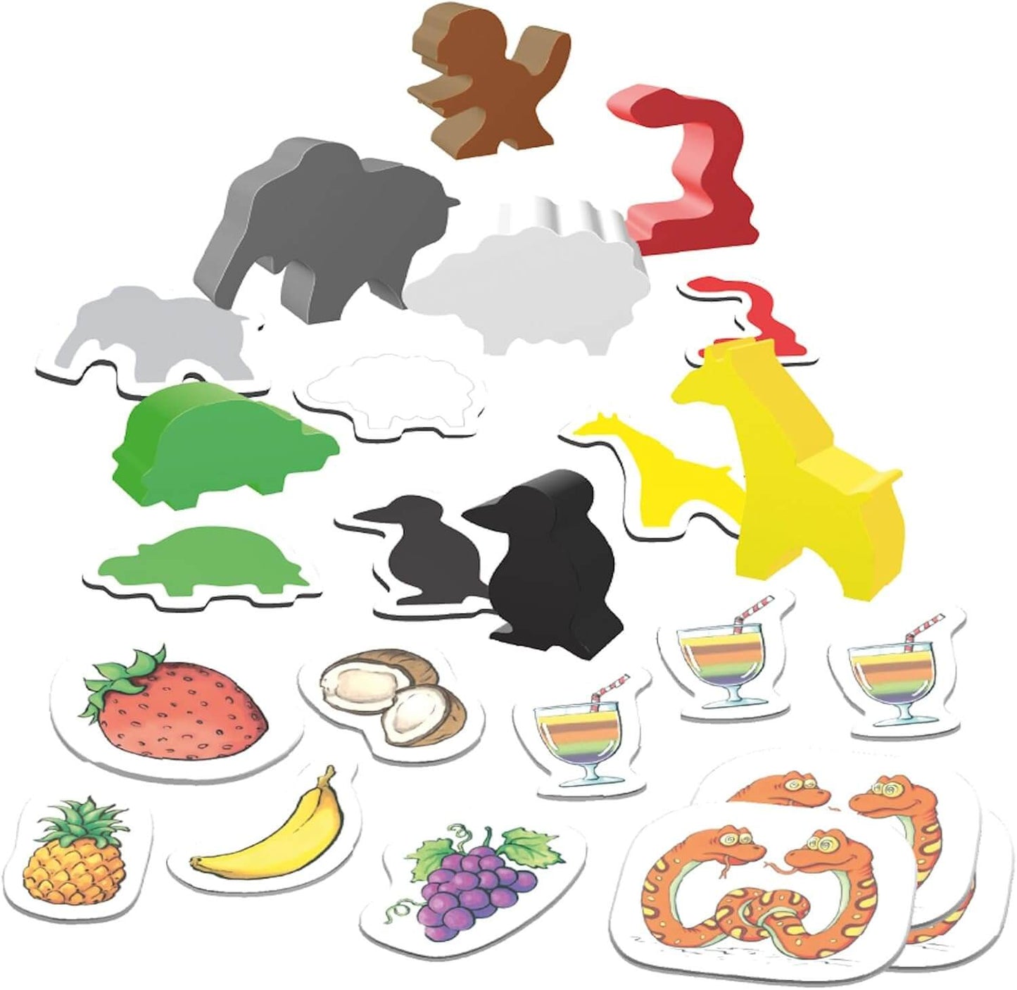Colorful game tokens and fruit pieces from FABELSAFT family game, including woodland animals and fruit illustrations.