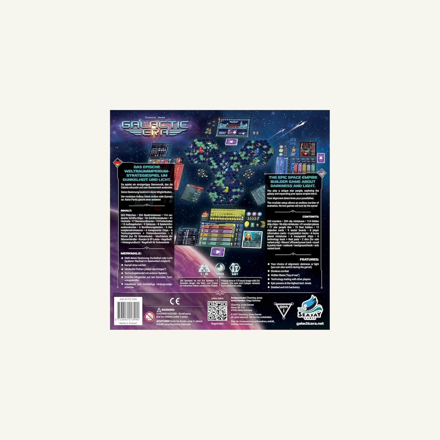Back cover of Galactic Era board game, showcasing game components and details in English and German.