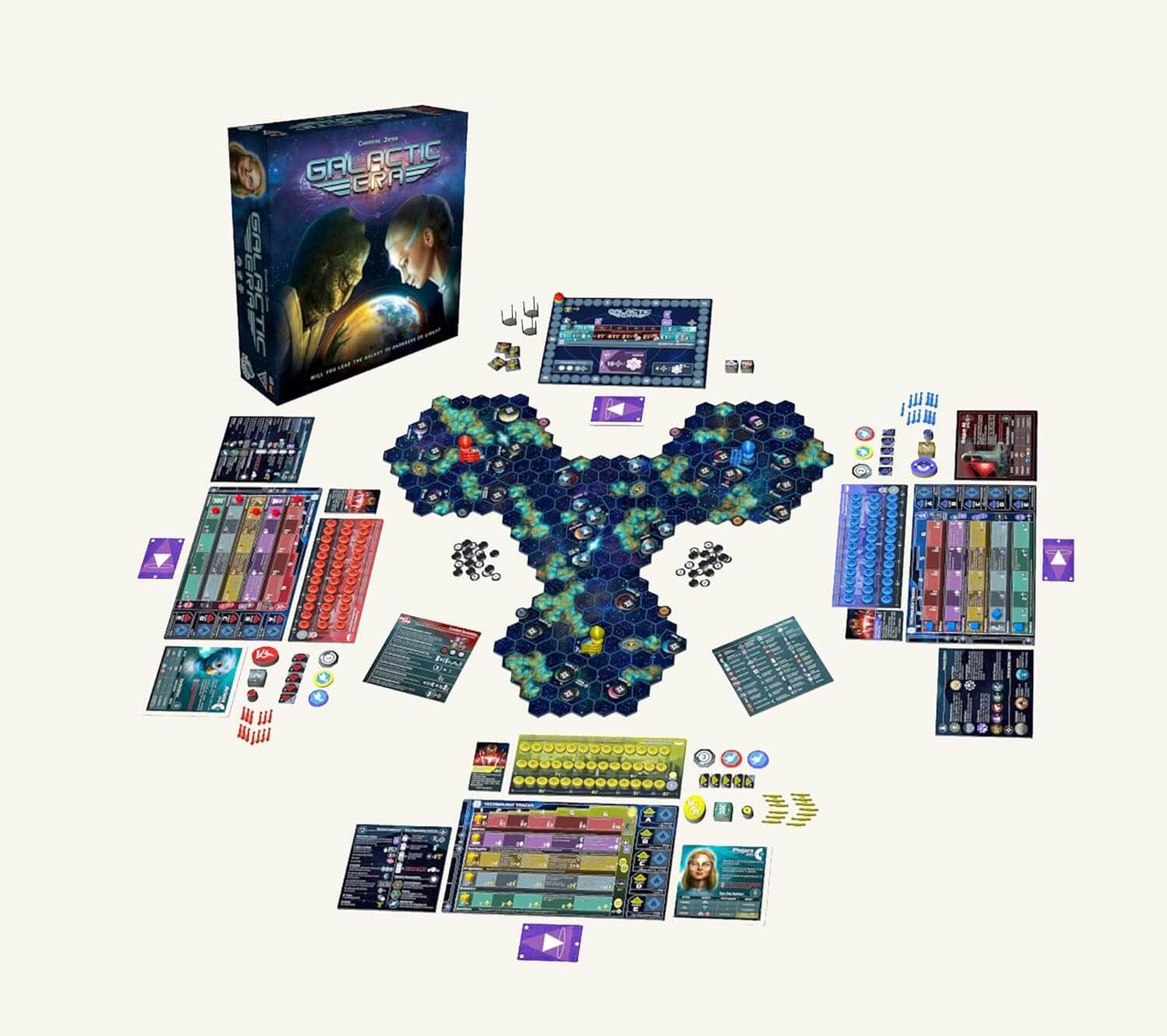 Galactic Era board game setup, featuring space tiles, player boards, and game components in English and German editions.