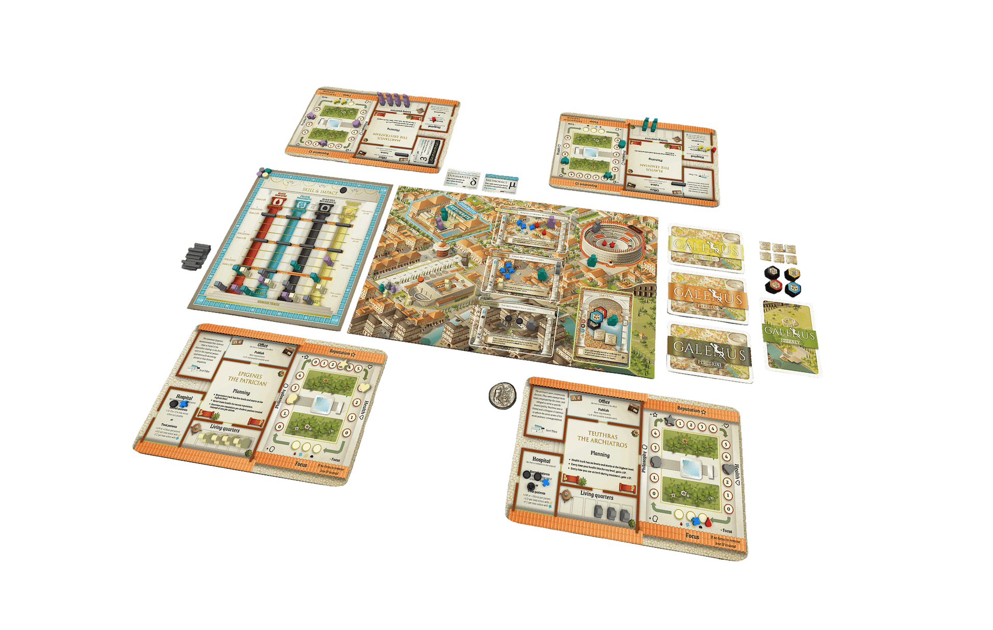 Game board layout of GALENUS – Strategiespiel im antiken Rom showcasing components and gameplay elements.