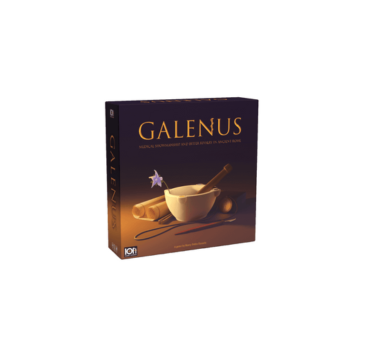Galenus game box featuring ancient medicine theme with pestle and mortar, designed for ages 14 and up.