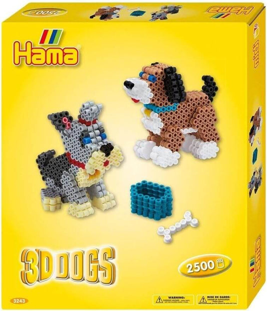 3D Dog Iron Bead Set featuring two colorful Hama dog figures, a dog bowl, and a bone on a bright yellow background.