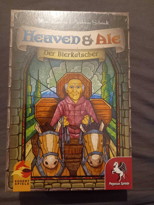 Heaven & Ale - Der Bierkutscher board game box art featuring a character and horses.