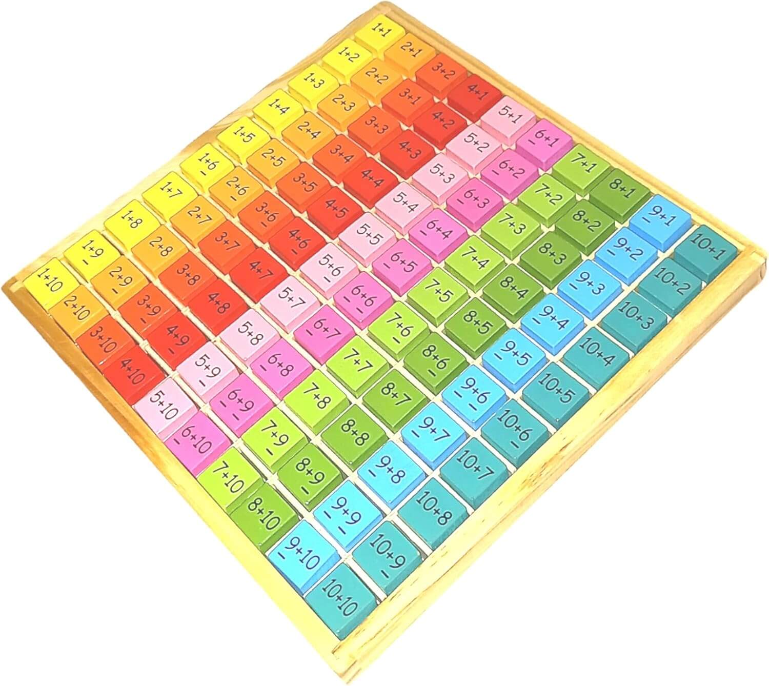 Colorful wooden addition board with vibrant blocks displaying addition problems for fun math learning.