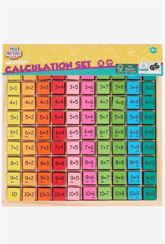 Colorful wooden multiplication board featuring vibrant blocks with math tasks for interactive kids' learning.
