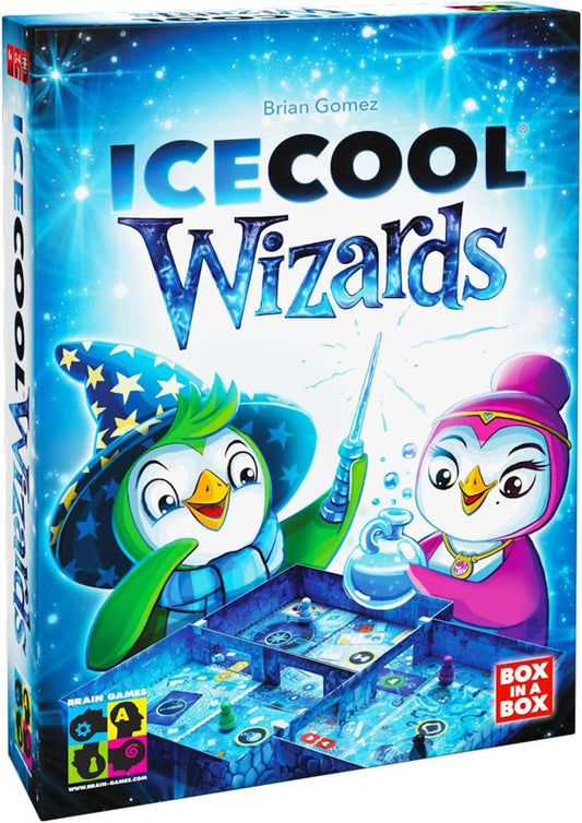 Ice Cool Wizards board game box featuring magical penguins in a colorful design for family fun.