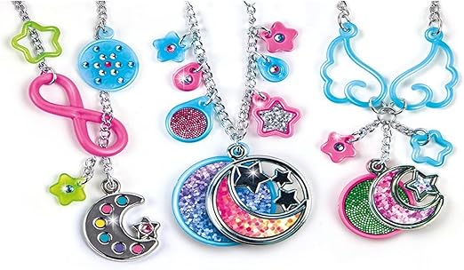 Colorful glow-in-the-dark necklaces featuring moon, star, and butterfly pendants with aluminum chains and holographic details.
