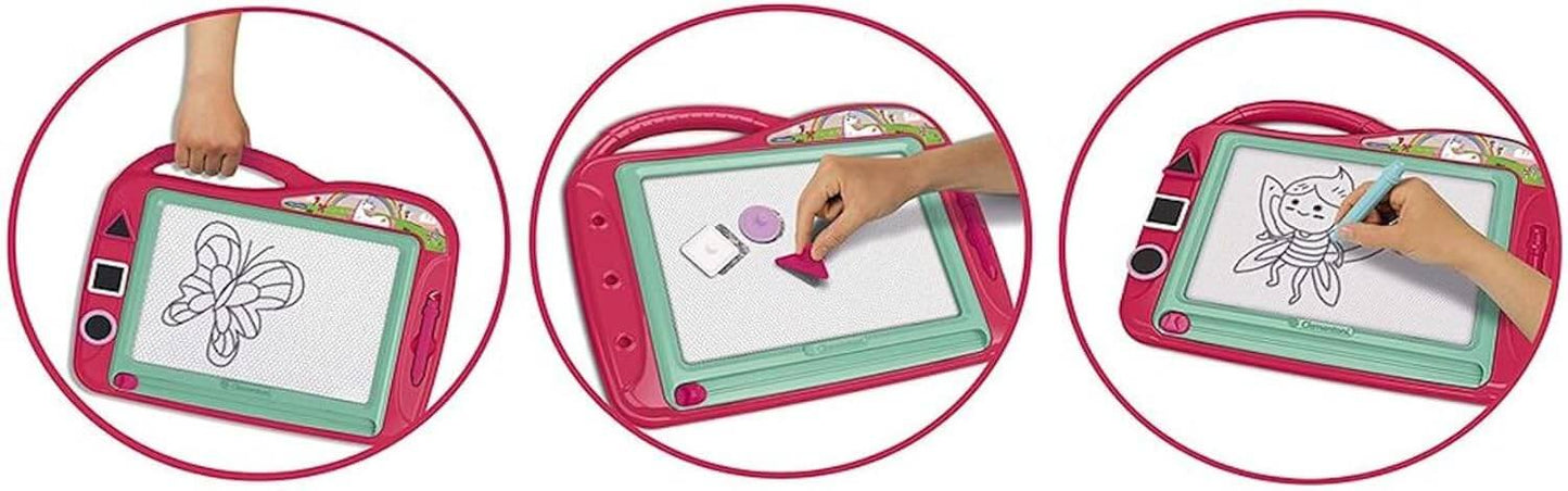 Magnetic drawing board for kids with unicorn design, featuring 3 stamps and handle for mess-free creativity.