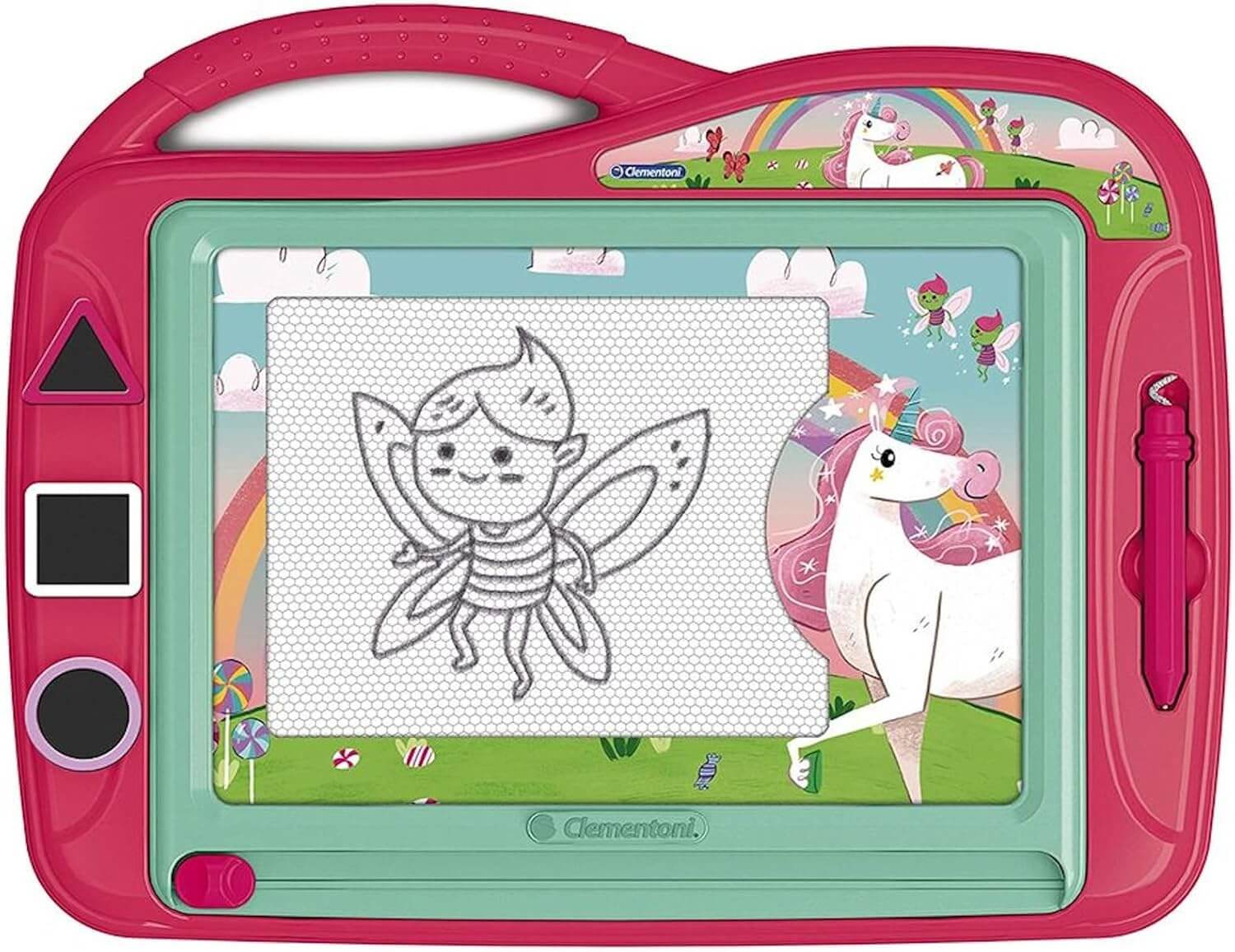 Magnetic drawing board for kids with unicorn design, featuring a fairy drawing, colorful handle and artistic background.