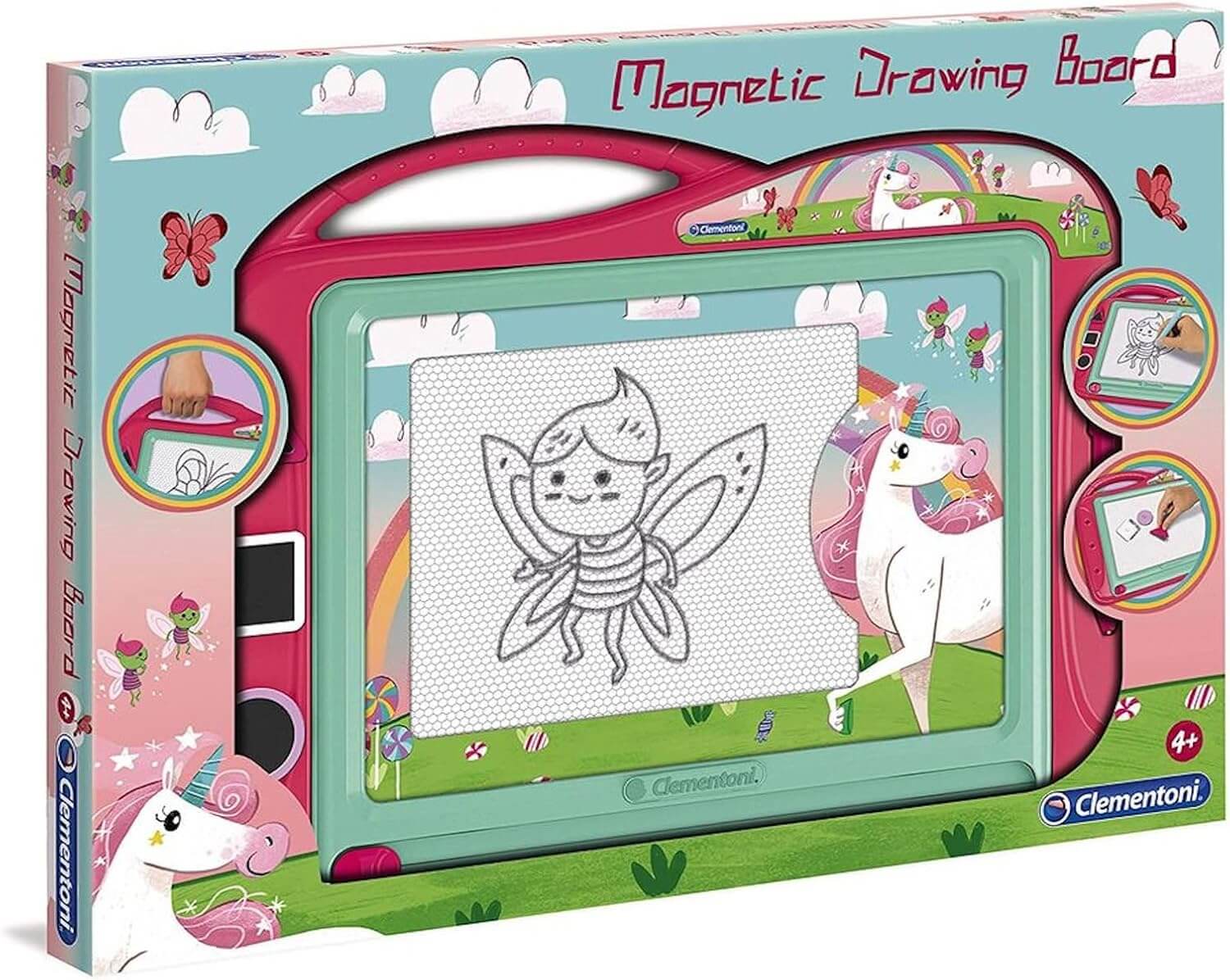 Magnetic drawing board for kids with unicorn design, featuring a cute drawing of a fairy, suitable for ages 4 and up.