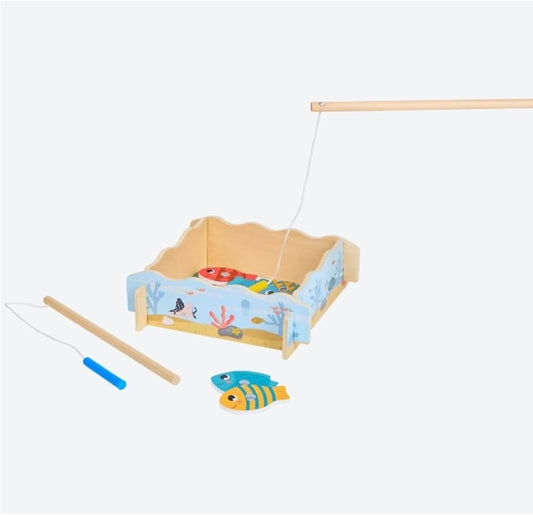 Wooden magnetic fishing game for kids, featuring colorful fish and child-sized fishing rod for fine motor skills.