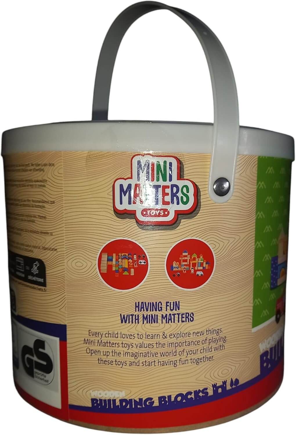 Colorful container of Mini Matters building blocks promoting creativity for kids.
