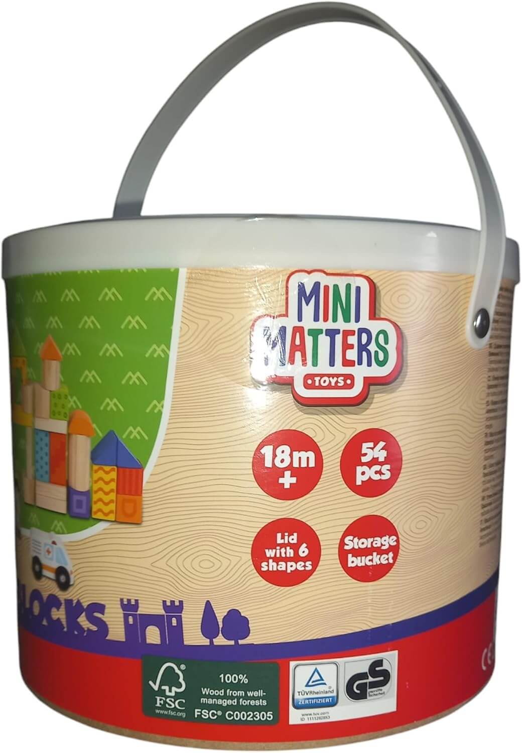 Colorful storage bucket of Mini Matters wooden building blocks for kids, 54 pieces with shapes, ages 18 months and up.