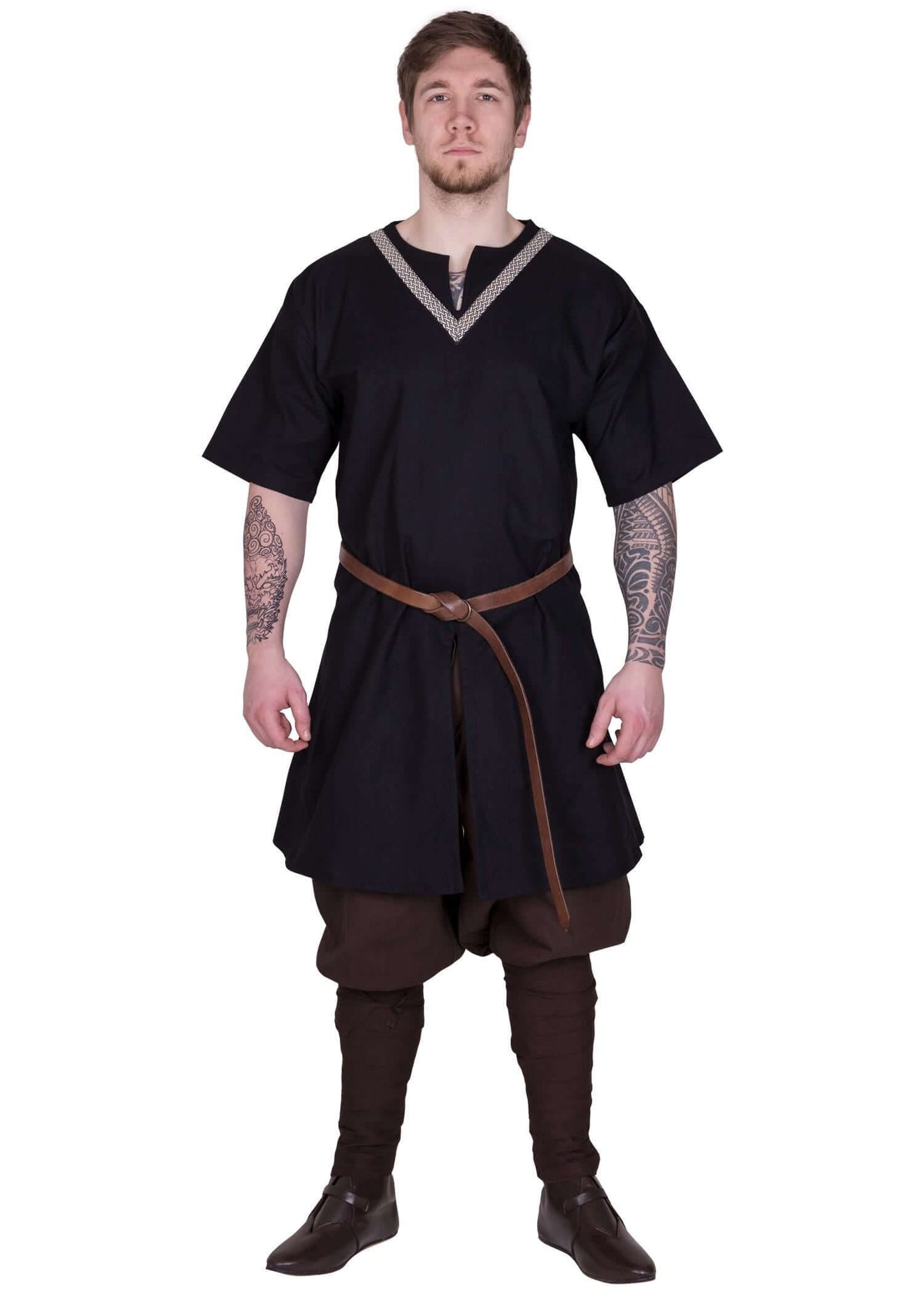 MEDIEVAL LARP TUNIC WITH SHORT SLEEVES AND TRIM - BLACK - Game On Board