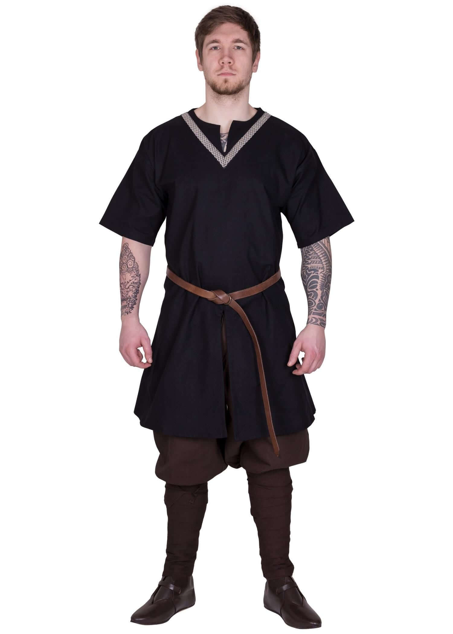 MEDIEVAL LARP TUNIC WITH SHORT SLEEVES AND TRIM - BLACK - Game On Board
