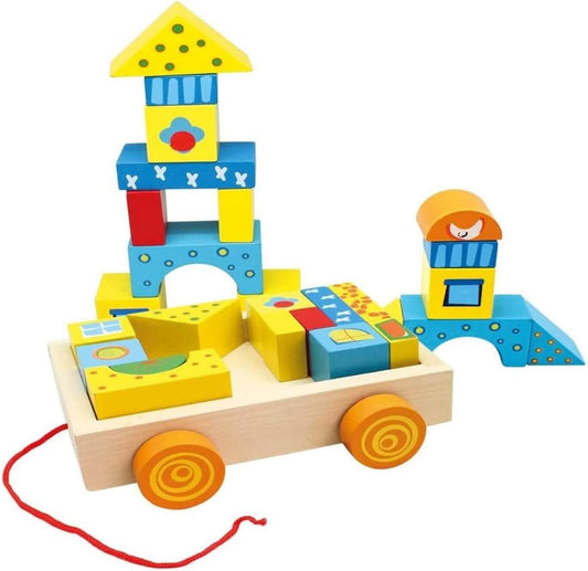 Colorful wooden block sliding cart for kids with various shapes, enhancing motor skills and creativity.