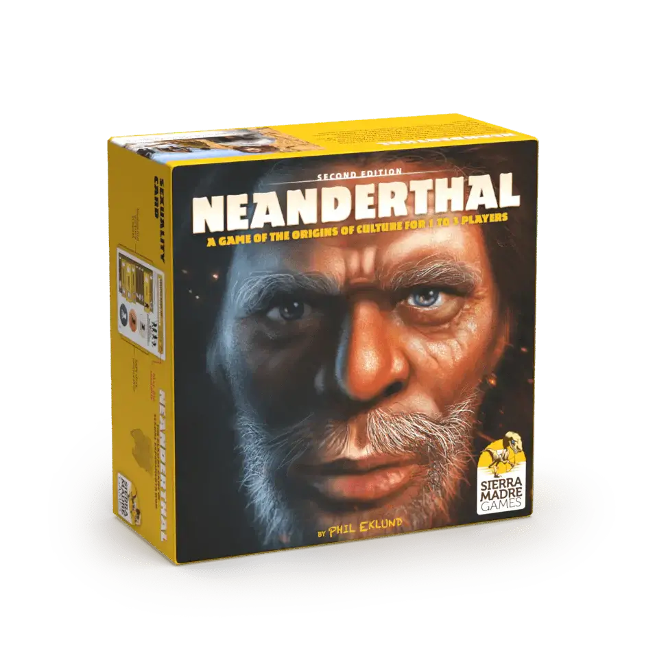 Neanderthal board game box featuring detailed artwork of a Neanderthal face for 1-3 players.