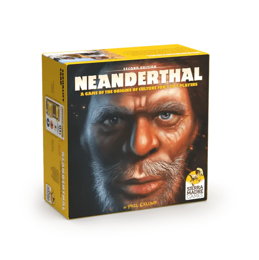 Neanderthal board game box featuring detailed artwork of a Neanderthal face for 1-3 players.