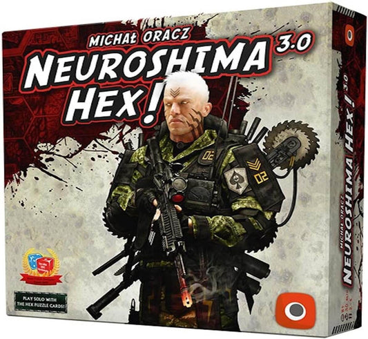 Neuroshima Hex! 3.0 board game box featuring a post-apocalyptic soldier marking the tactical gameplay.