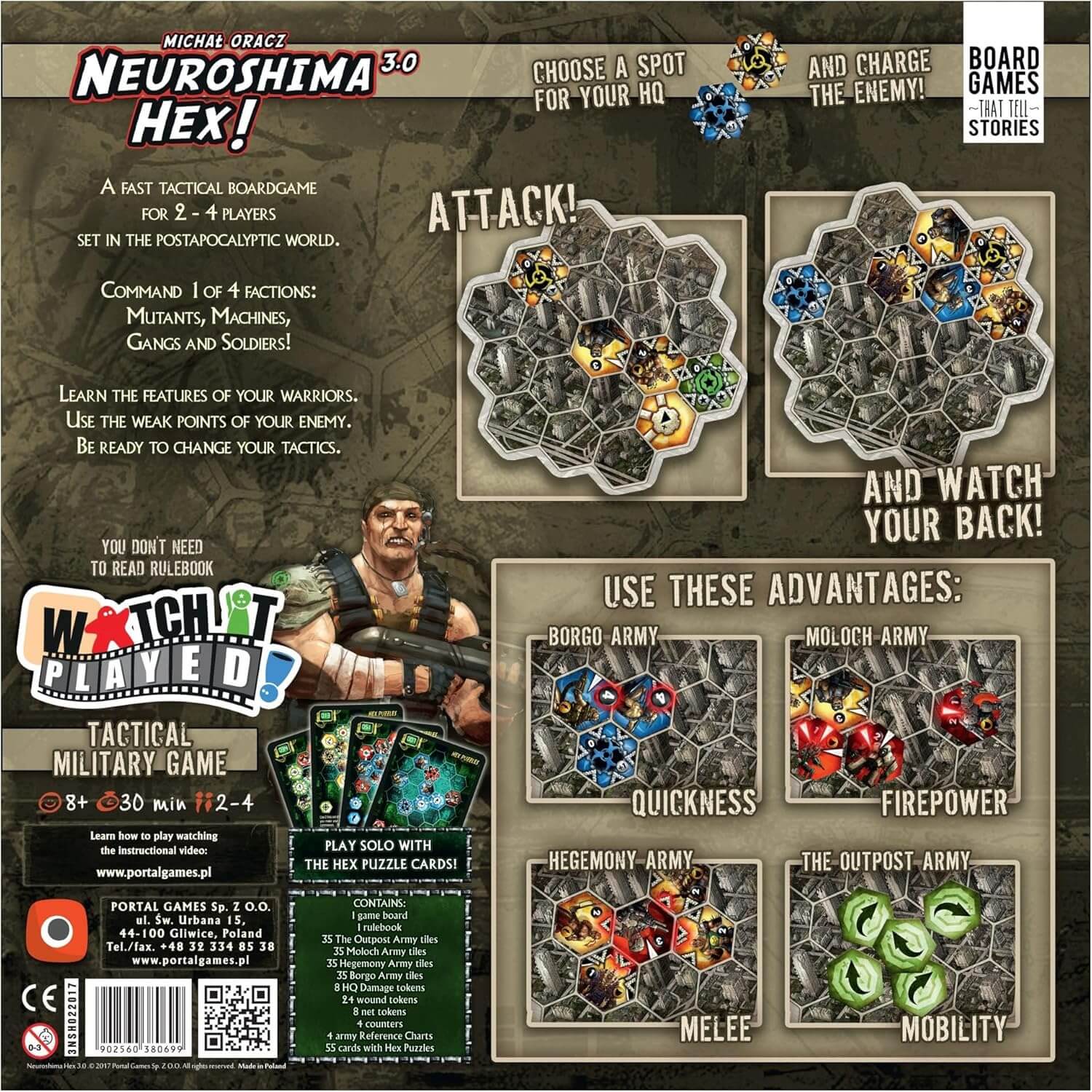 Neuroshima Hex! 3.0 game board and character overview showcasing faction strategies in a post-apocalyptic world.