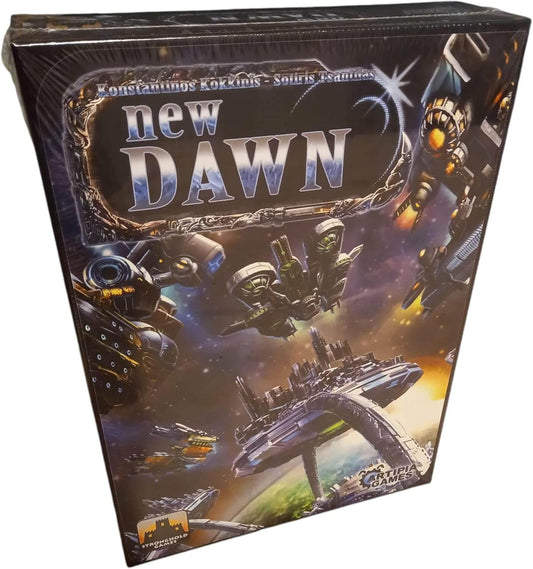 NEW DAWN game box featuring cosmic strategy artwork and space ships.