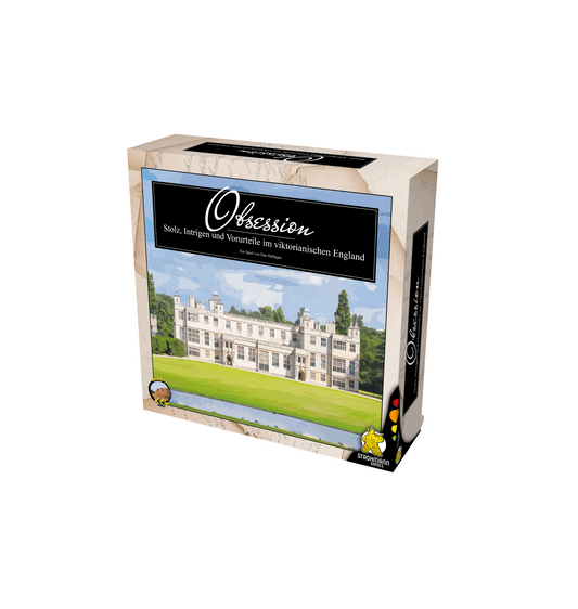 Spieleverpackung von Obsession, einem strategischen Brettspiel im viktorianischen England mit herrschaftlichem Anwesen.