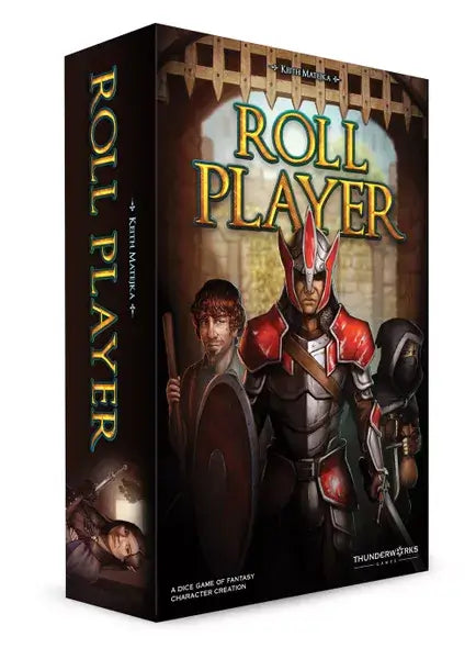 Roll Player Brettspielverpackung mit Fantasy-Charakteren und strategischen Elementen von Thunderworks Games.