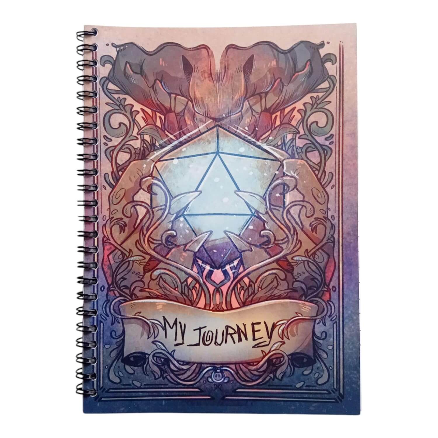 RPG notebook with mystical design featuring a crystal and the text 'My Journey' for fantasy adventures.