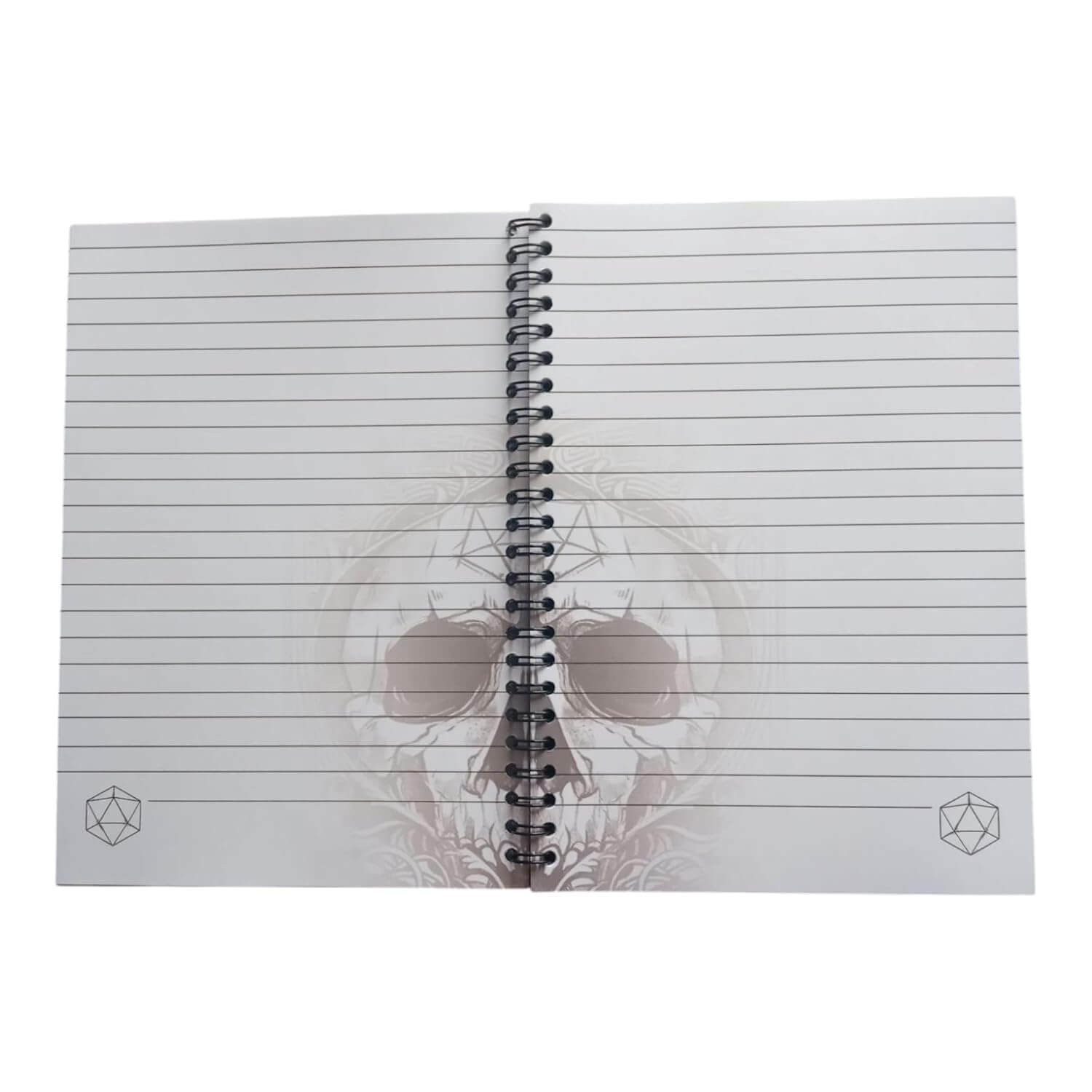 Offene Seiten eines RPG Notizbuchs mit Würfelsymbol und Totenkopf-Design, ideal für Rollenspieler.
