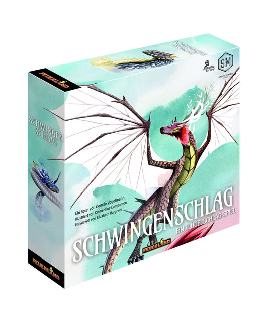 Schwingenschlag Das Drachen Brettspiel Verpackung mit buntem Drachen und strategischer Spielmechanik.