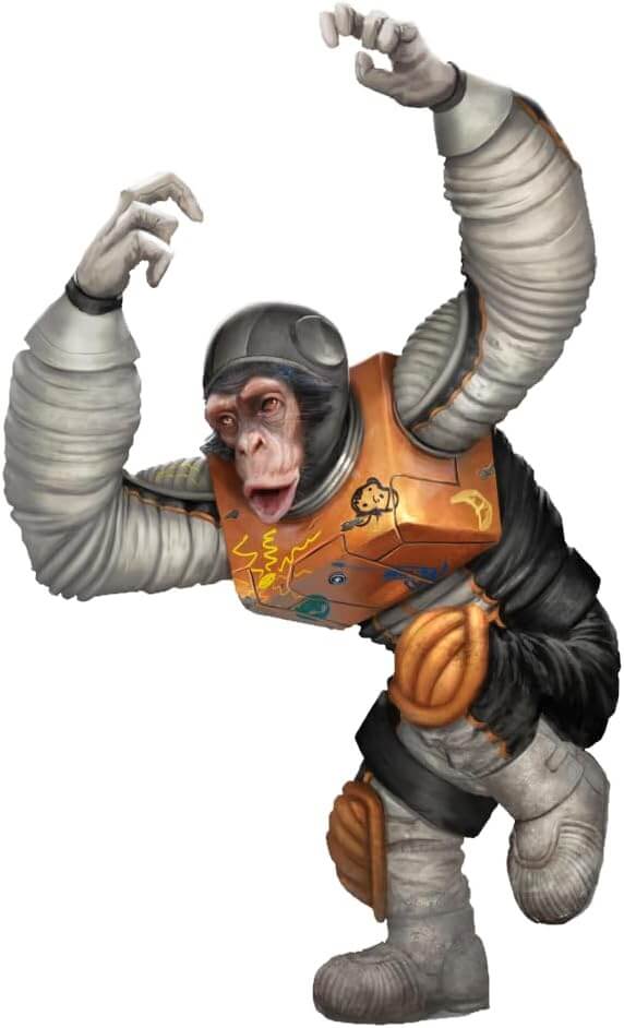 Animated monkey character in a space suit, striking a dynamic pose with an adventurous expression.