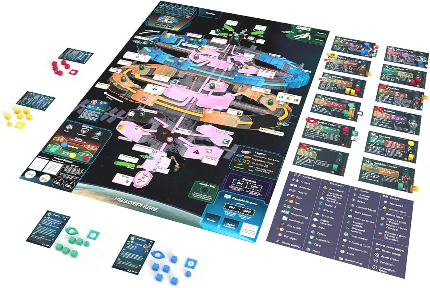 Board game setup for STATIONFALL, featuring a colorful game board, player tokens, and action cards in a sci-fi theme.