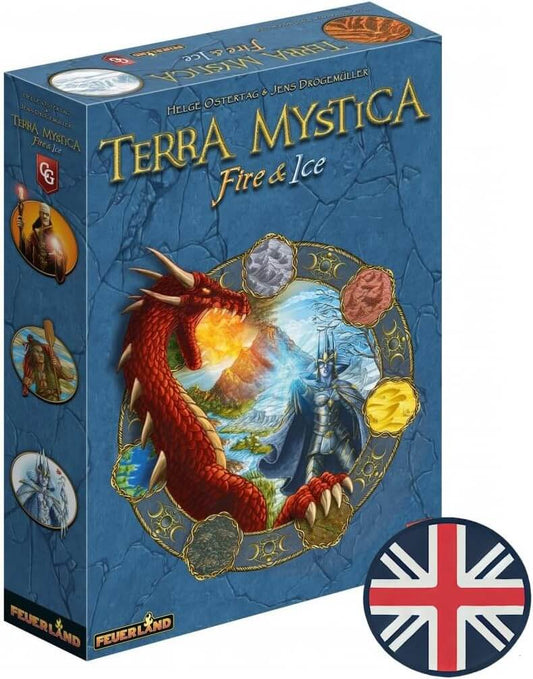 TERRA MYSTICA: FIRE & ICE board game box featuring a dragon, mystical symbols, and a UK flag.