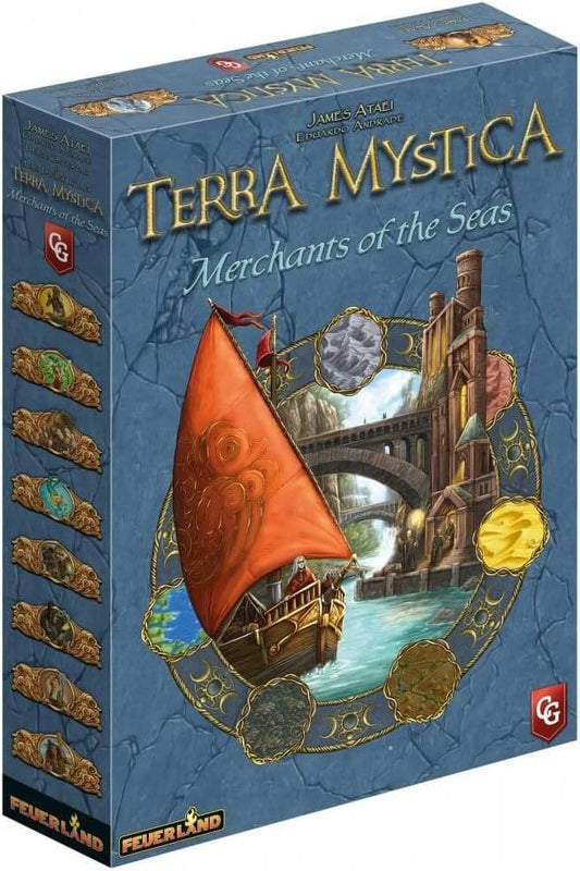Spieleschachtel von Terra Mystica: Merchants of the Seas mit einem Schiff und strategischen Symbolen.