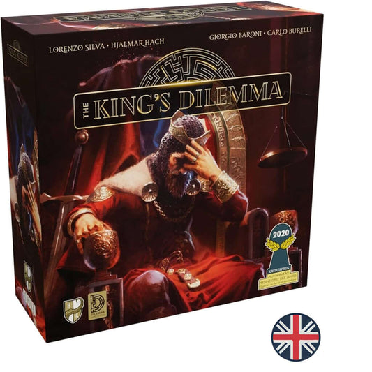 Board game box of 'The King's Dilemma,' a narrative strategy game for 3-5 players, featuring a king in dilemma.