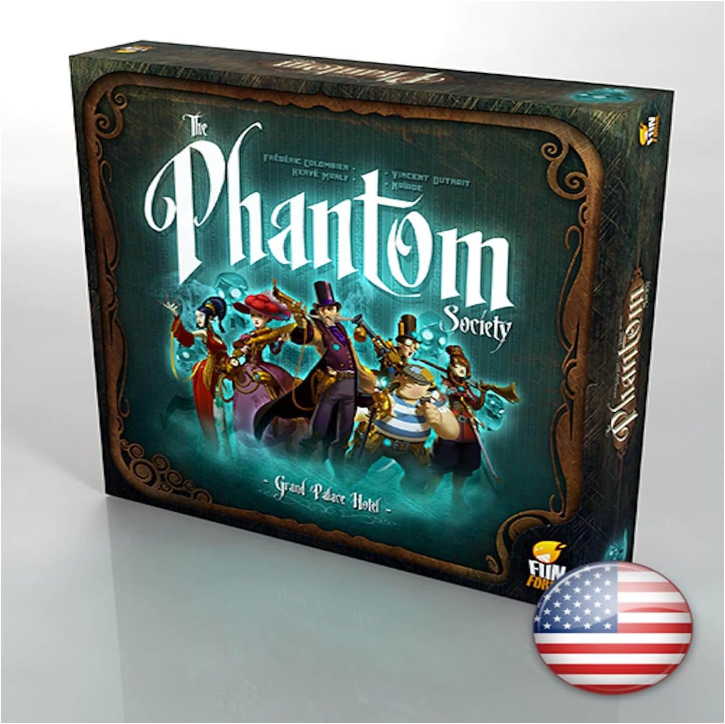 The Phantom Society board game box art featuring ghostly characters in a haunted hotel setting.