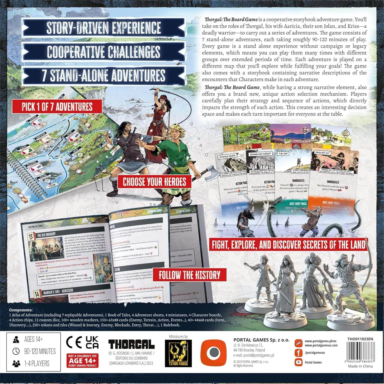 Thorgal board game back cover showcasing story-driven experience, cooperative challenges, and character selection.