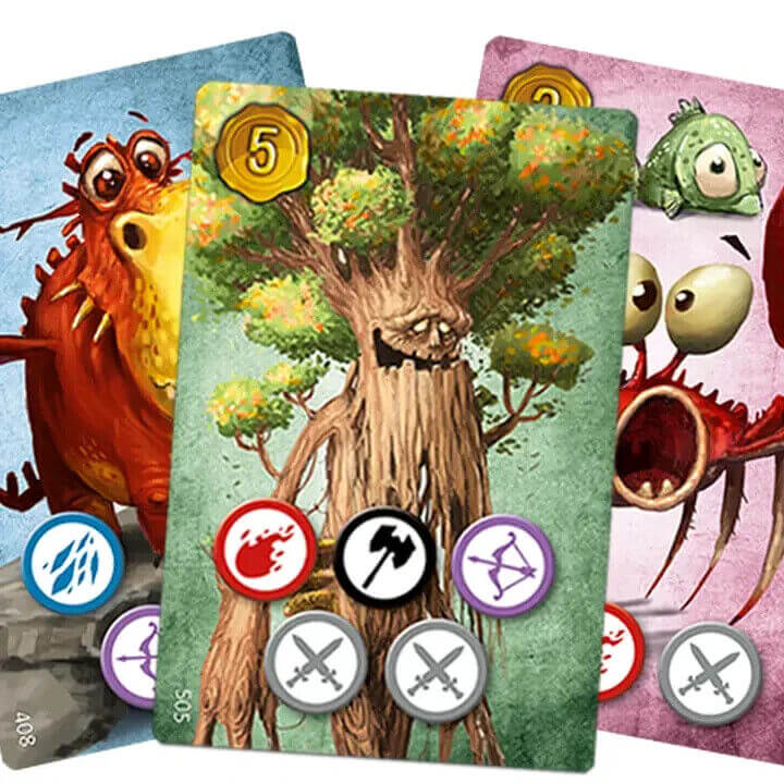Colorful cards from the Whoosh card game featuring creatures and weapons for dynamic gameplay.